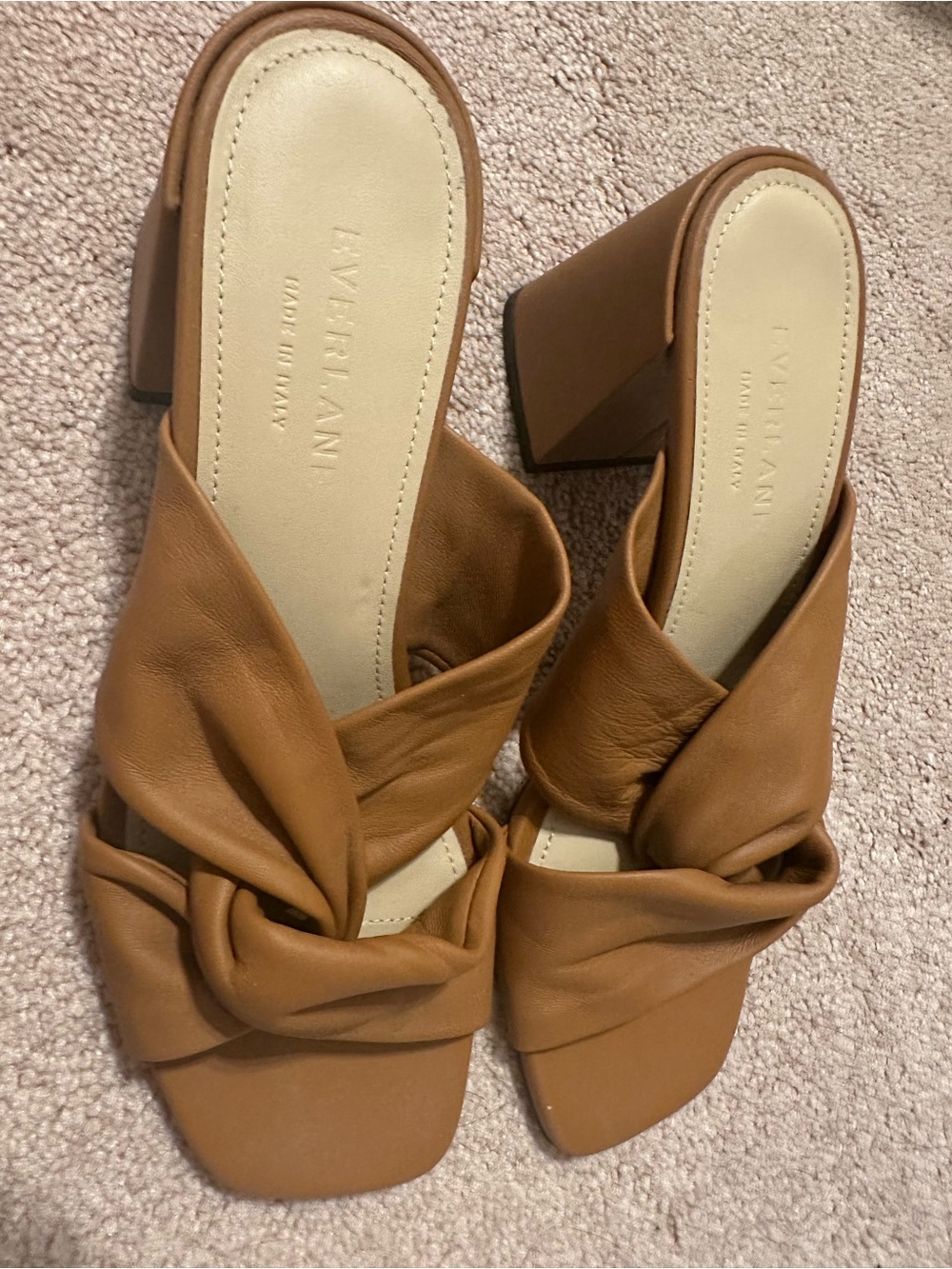 NWT Everlane Brown Knotted Leather Block Heel Mules Made in Italy